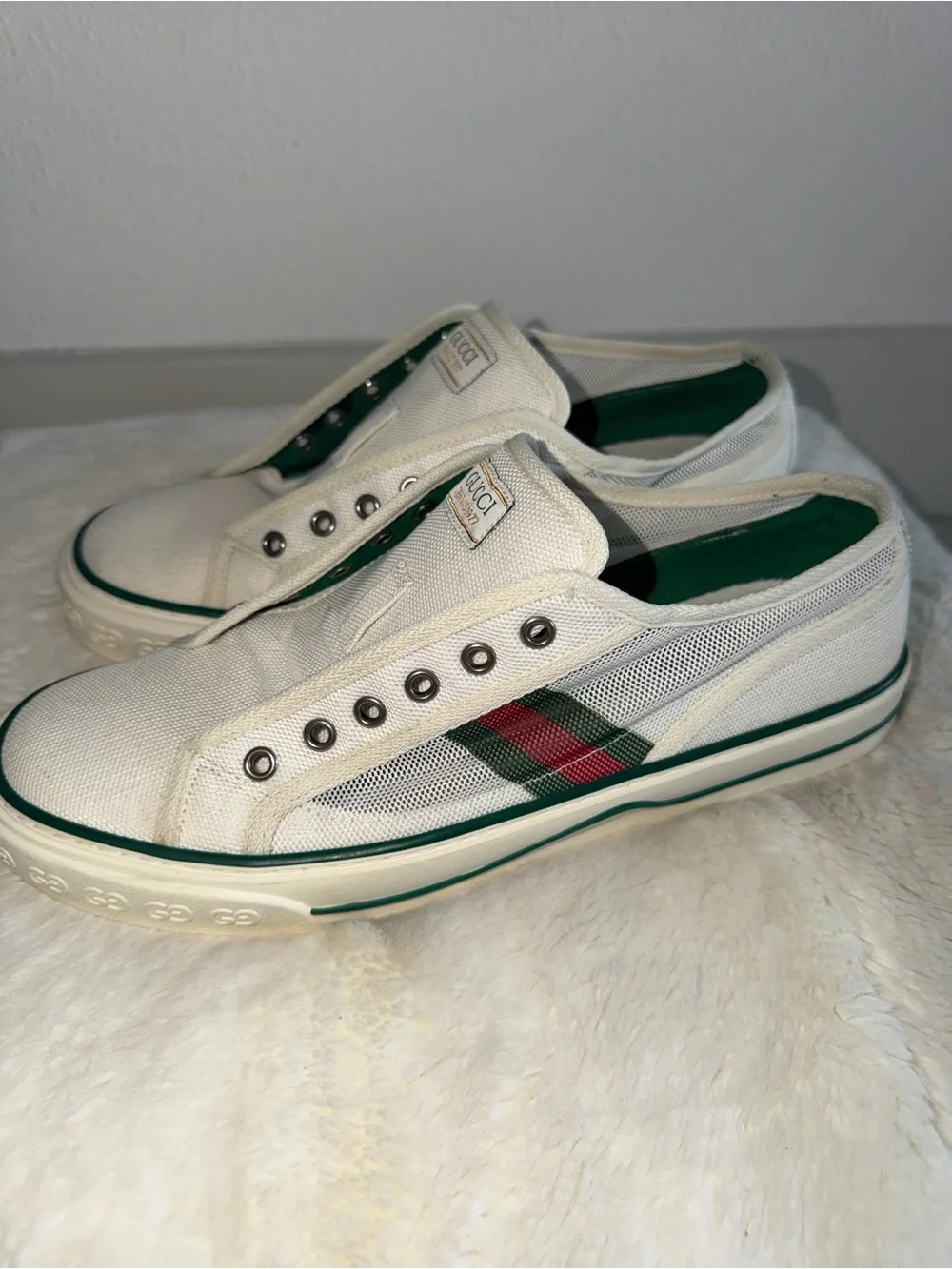 Gucci White Slip-On Canvas Loafers with Green & Red Web Stripe